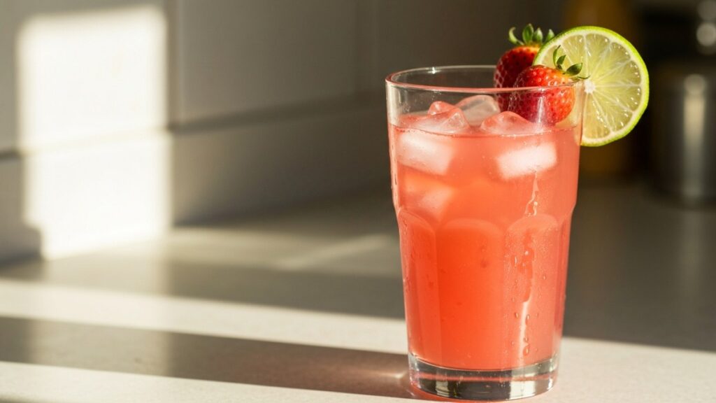 Coral-pink mocktail with lime and strawberries on a sunlit counter