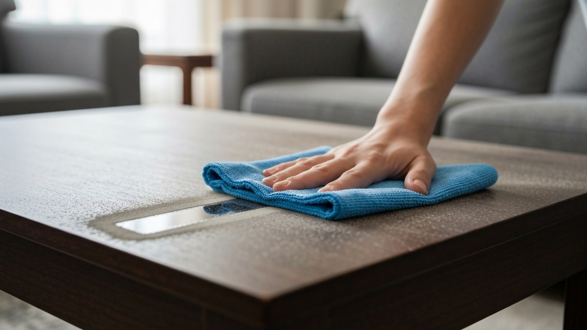 A hand wiping dust off a dark wooden coffee table with a blue microfiber cloth, leaving a clean streak