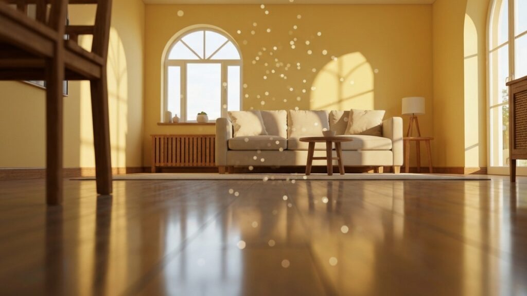Sunlight through a window revealing floating dust particles in a living room