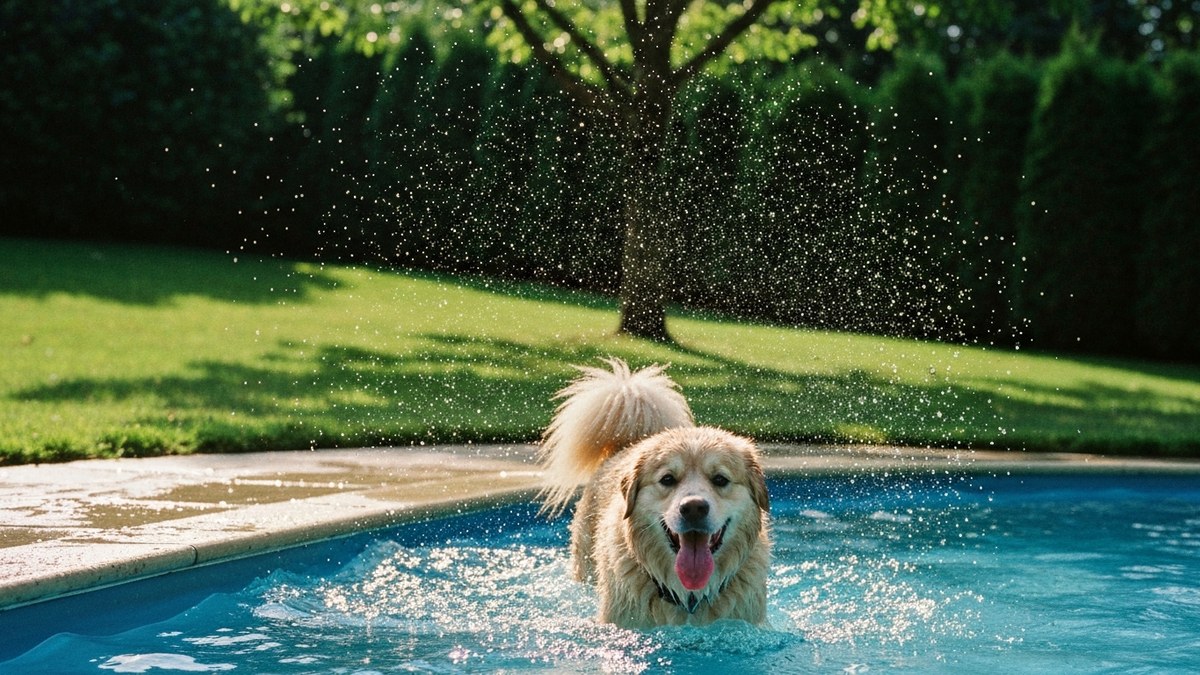 A happy dog cooling off in a small blue paddling pool in a sunny backyard