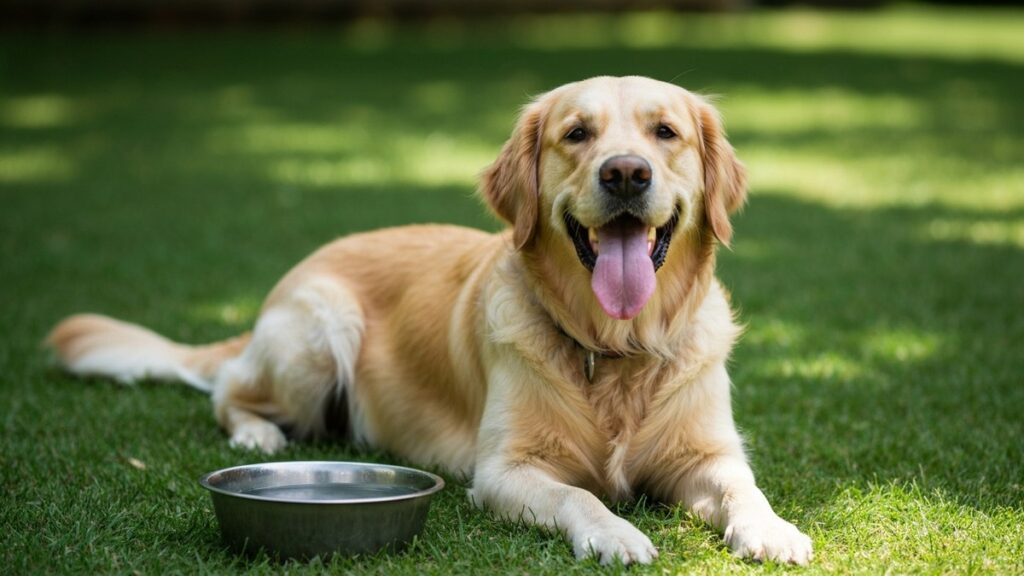 A happy golden retriever resting in cool shade on grass beside a water bowl on a sunny day