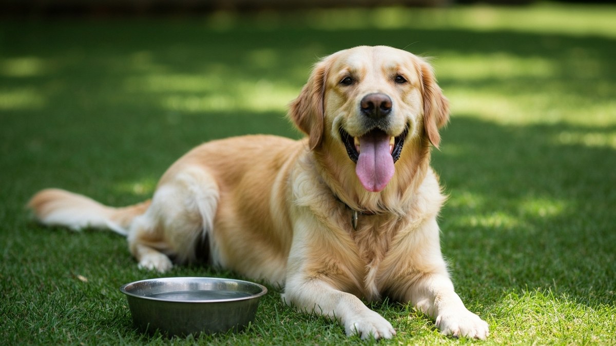 A happy golden retriever resting in cool shade on grass beside a water bowl on a sunny day