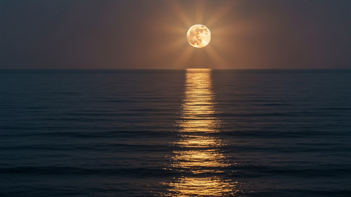 An orange full moon low over the ocean reflecting a path of light on the water at night