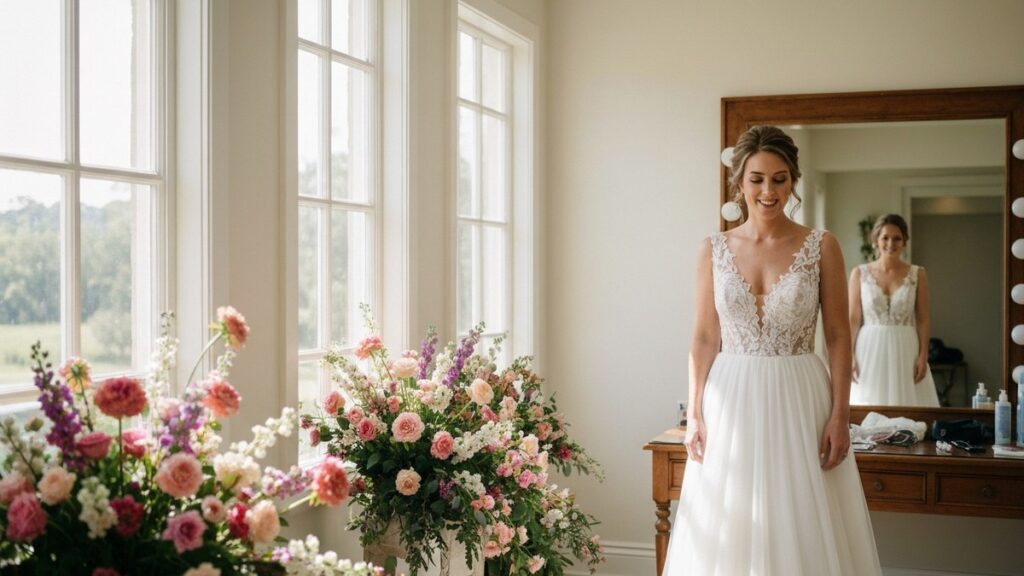 Bride in a white gown getting ready in soft natural light