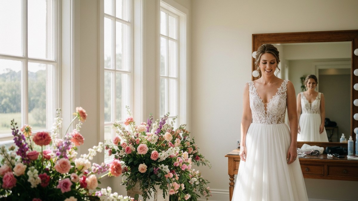 Bride in a white gown getting ready in soft natural light