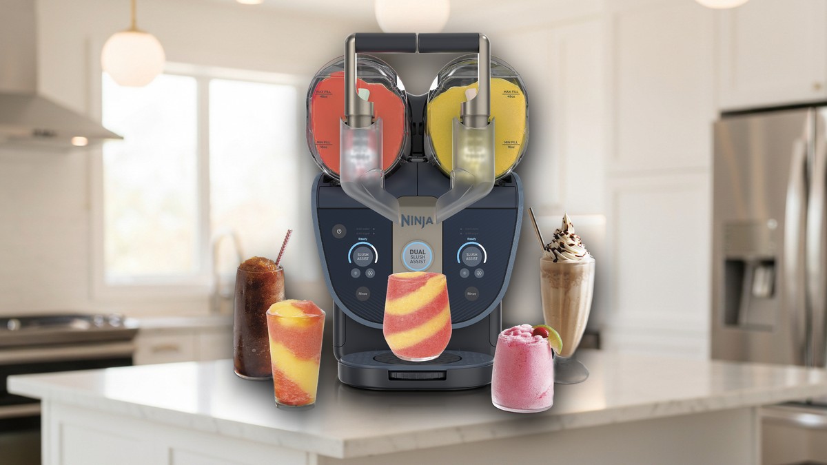 Ninja Slushi Twist FS701 dual-tank frozen drink maker on a kitchen counter