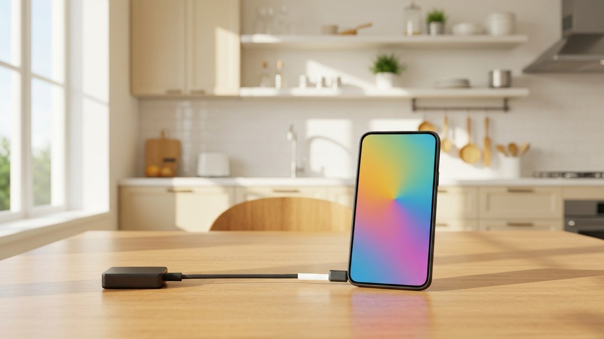 A smartphone charging on an open wooden table in a bright, airy, well-ventilated room