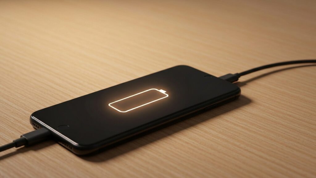 A smartphone charging on a wooden desk with a glowing battery icon, illustrating a phone getting warm while charging