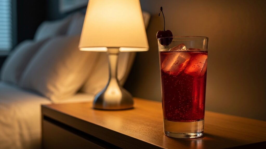 Tart cherry sleepy girl mocktail on a nightstand