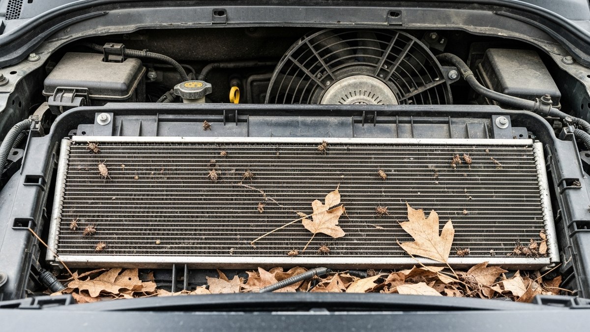Car AC condenser clogged with leaves and debris in the engine bay