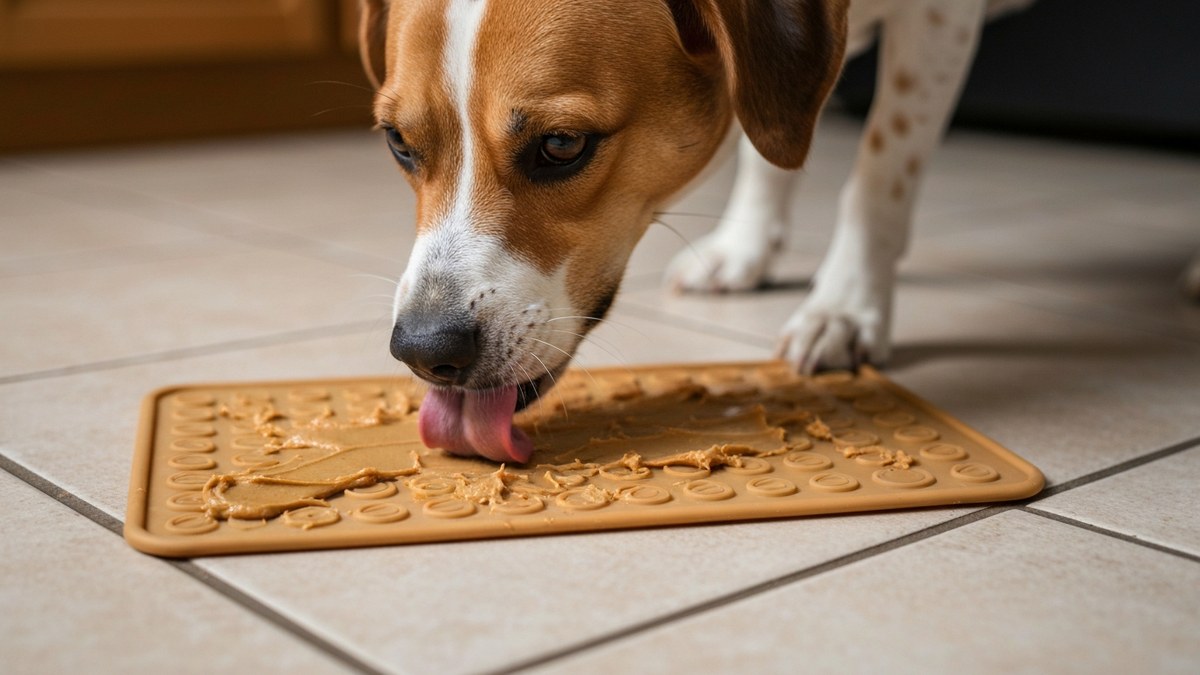 A dog licking a peanut-butter silicone lick mat on a tiled floor