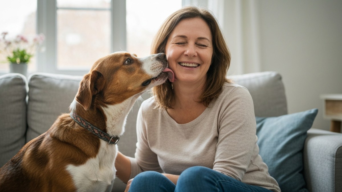 A friendly dog gently licking a smiling woman's cheek on a sofa