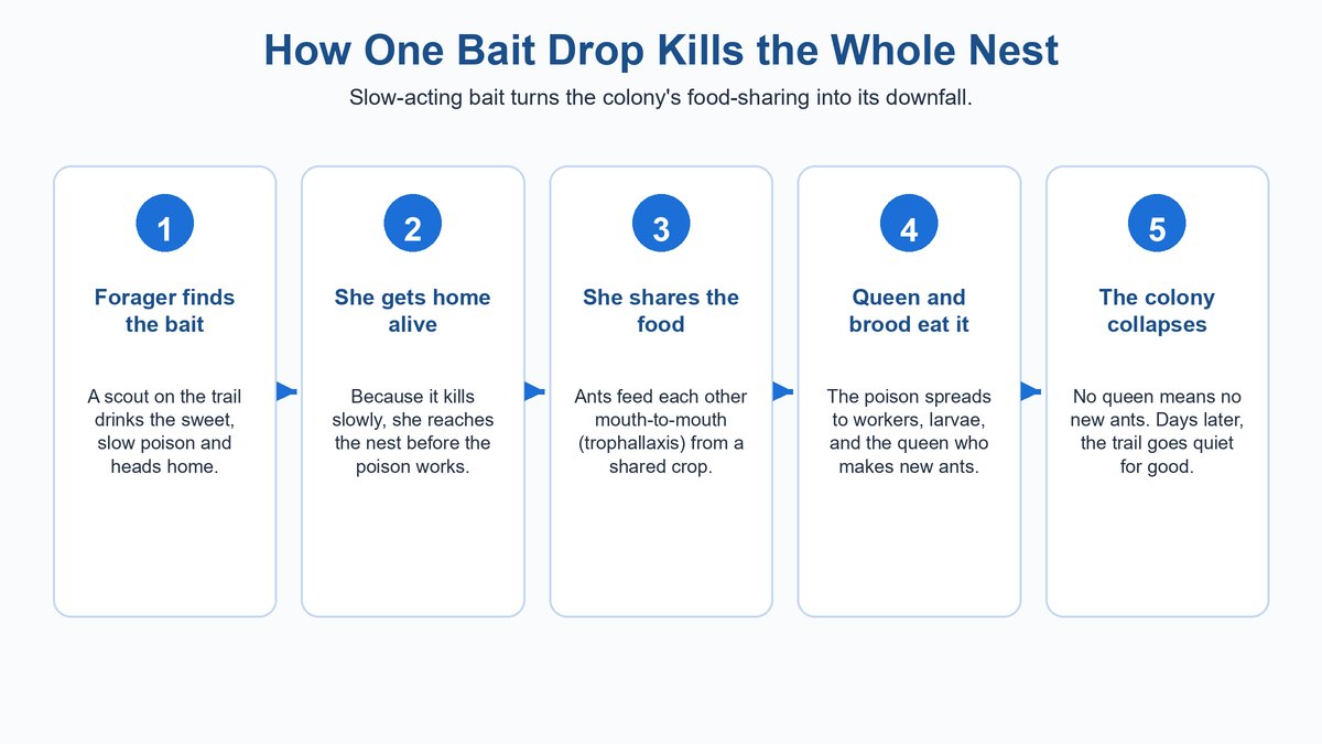 Five-step diagram showing a forager ant finding slow bait, getting home alive, sharing it mouth-to-mouth, feeding the queen and brood, and the colony collapsing