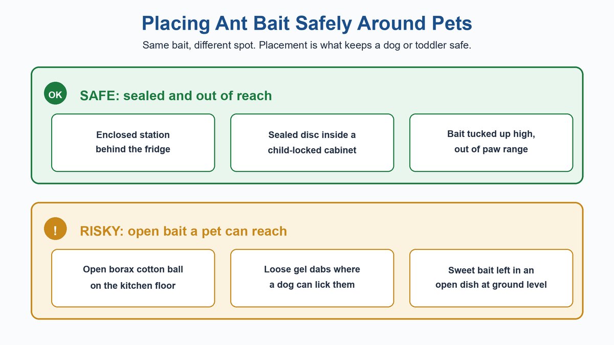 Diagram contrasting safe enclosed bait placements out of a pet's reach with risky open bait a pet could reach on the floor