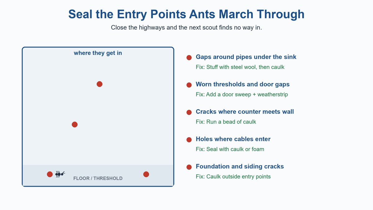 Diagram of common ant entry points, gaps around pipes, door thresholds, counter cracks, cable holes and foundation cracks, each with a sealing fix
