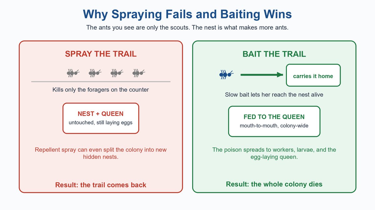 Diagram comparing spraying an ant trail, which kills only foragers and can scatter the colony, with baiting, which is carried back to kill the queen and whole nest