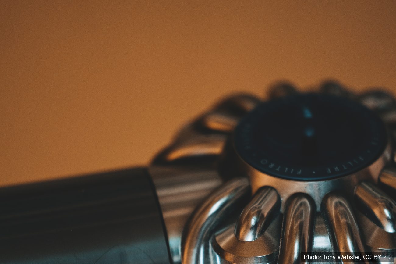 Close-up of a real Dyson cordless vacuum cyclone stack, the part that generates high suction