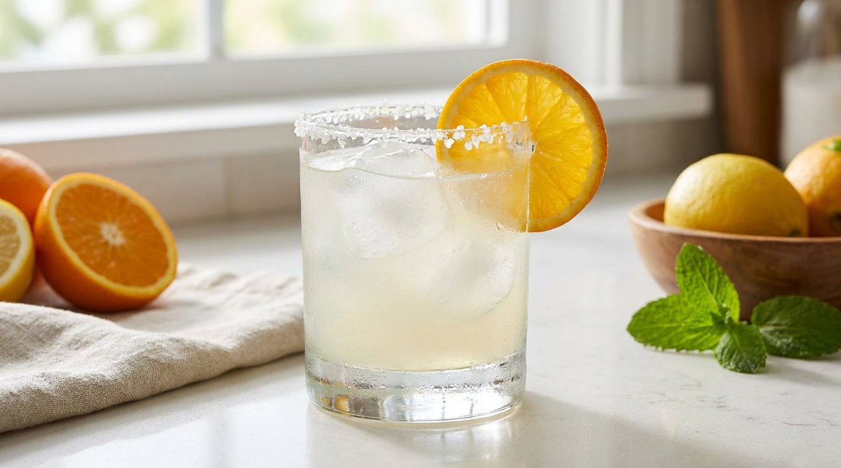 A pale coconut water and citrus cortisol cocktail over ice with an orange slice and salted rim on a bright kitchen counter