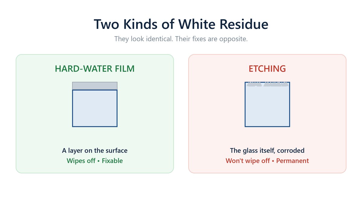 Illustration contrasting the two kinds of dishwasher white residue: hard-water film that wipes off versus permanent glass etching