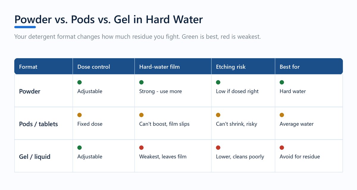 Comparison table of powder, pods, and gel dishwasher detergents across dose control, hard-water film, etching risk, and best use