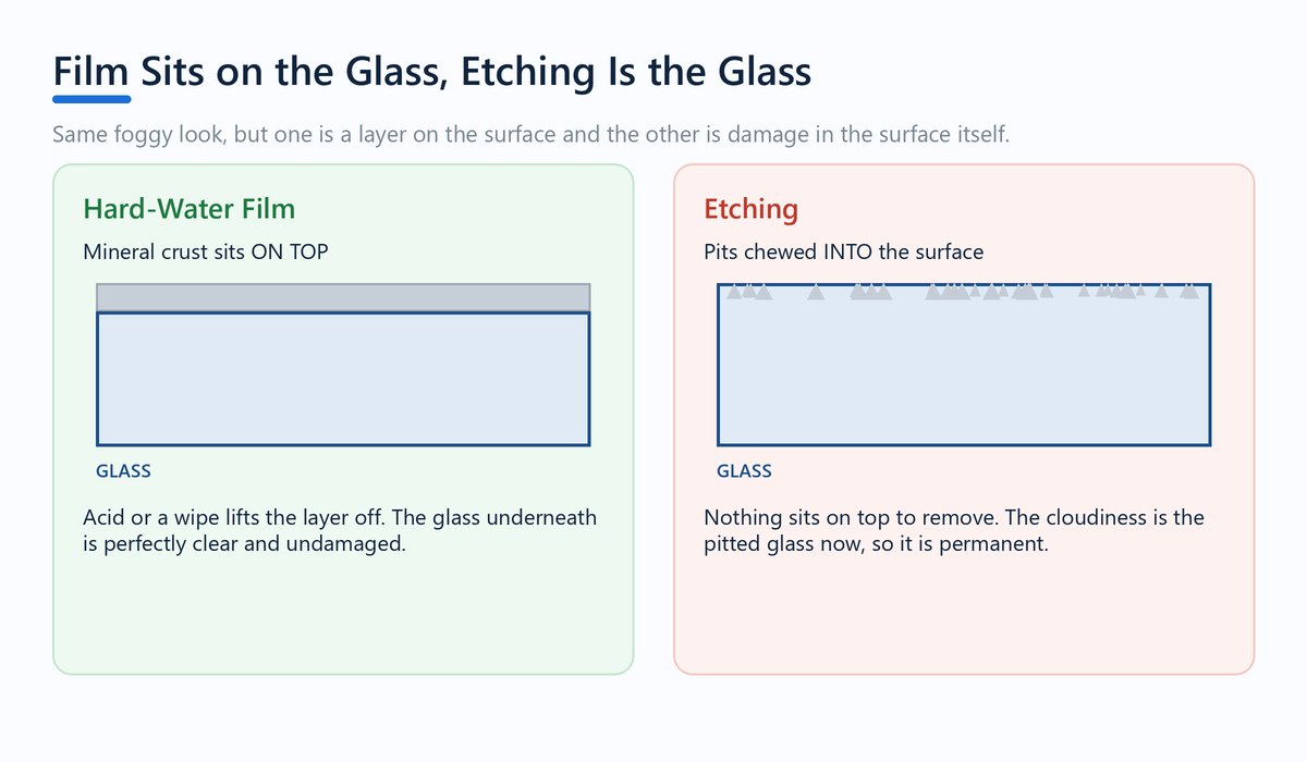 Cross-section diagram: hard-water film sits as a crust layer on top of the glass, while etching is pits carved into the glass surface