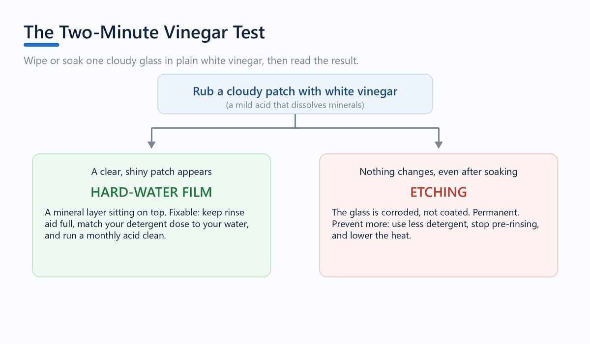 Decision diagram: wipe a cloudy glass with white vinegar; a clear patch means hard-water film, no change means etching