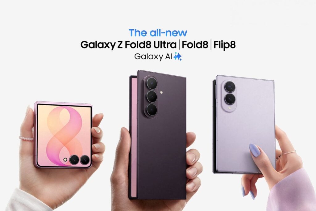 Samsung Galaxy Z Flip 8, Galaxy Z Fold 8 Ultra and Galaxy Z Fold 8 held in hands at the July 2026 Unpacked launch