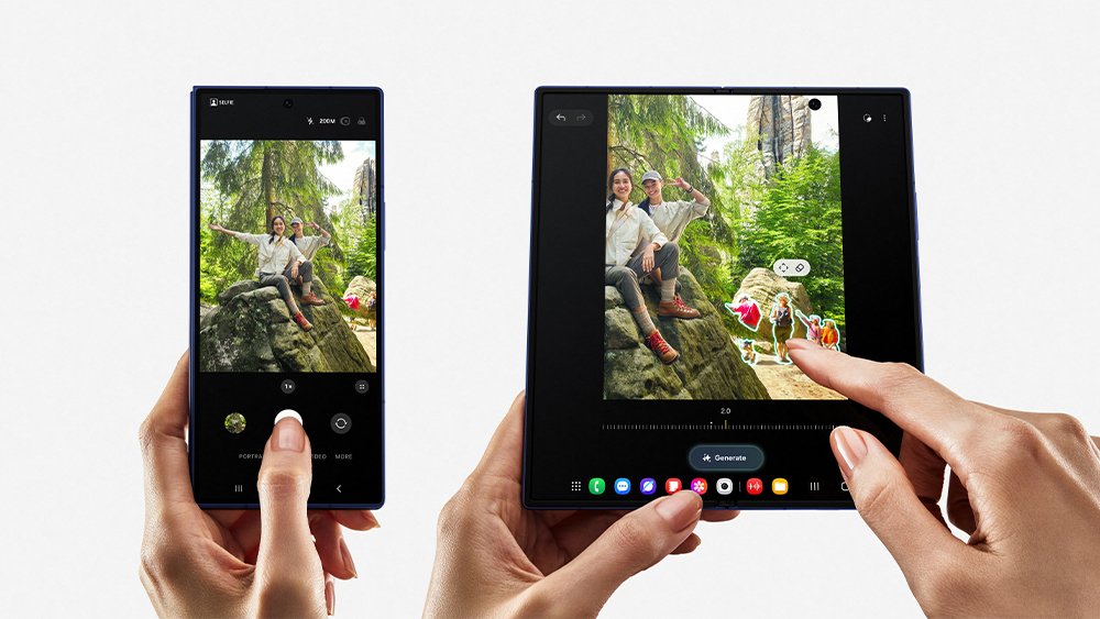 Galaxy Z Fold 7 shown closed with its tall narrow cover screen and open with its large 8-inch inner display