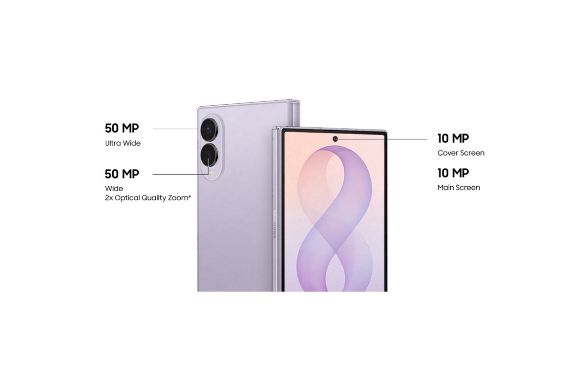 Galaxy Z Fold 8 camera diagram from Samsung showing only two rear cameras, a 50 MP ultra-wide and a 50 MP wide, with no telephoto lens