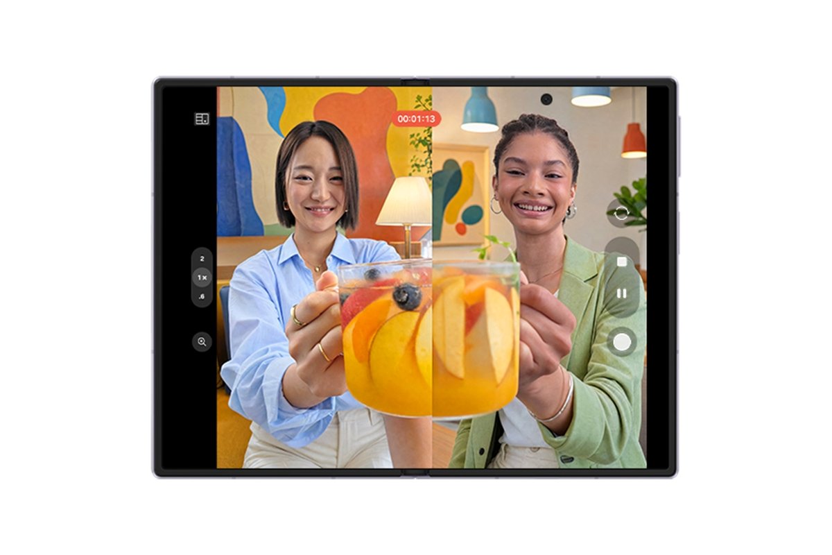 Galaxy Z Fold 8 unfolded showing its 4:3 inner display running dual recording with two camera views side by side