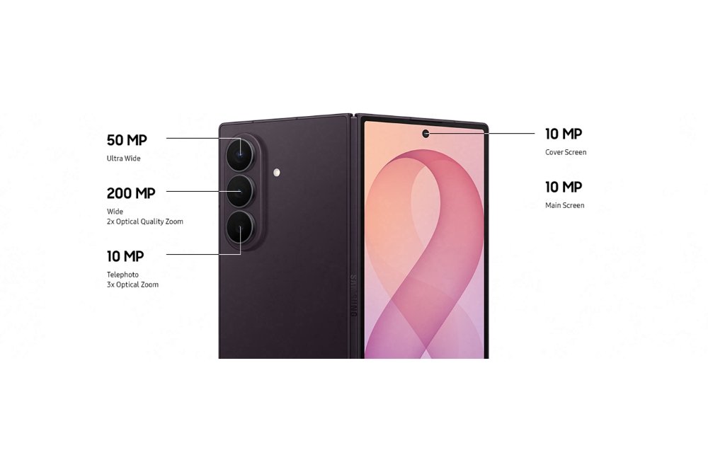 Galaxy Z Fold 8 Ultra camera diagram from Samsung showing the 200 MP wide, 50 MP ultra-wide and 10 MP 3x telephoto plus 10 MP selfie cameras