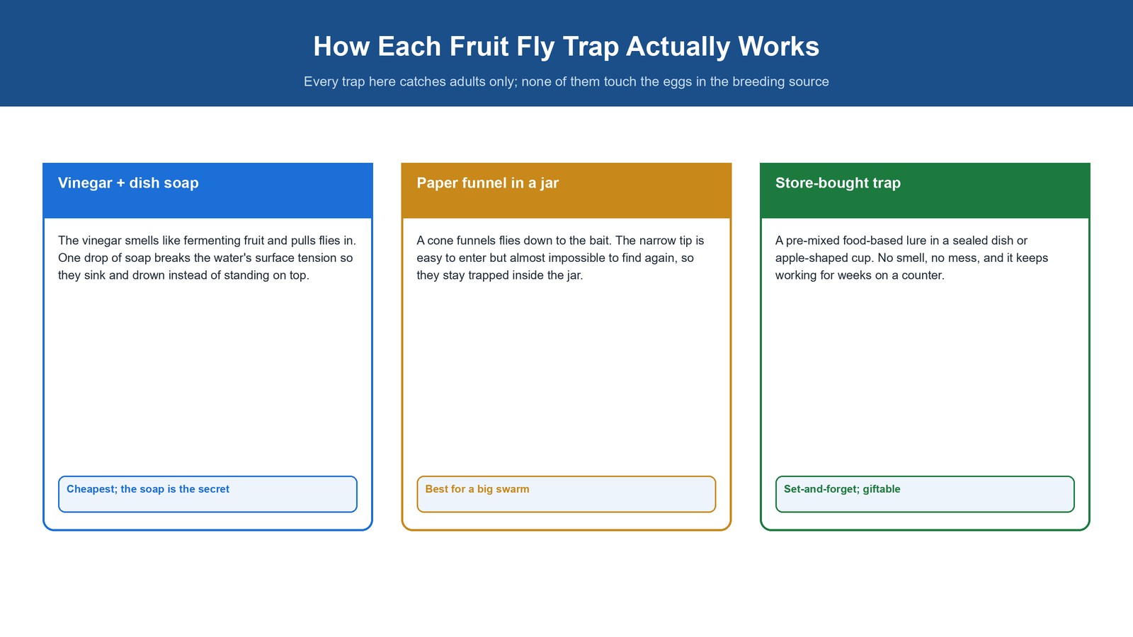 Comparison diagram of three fruit fly traps, vinegar plus dish soap, a paper funnel jar, and a store-bought trap, and how each one works