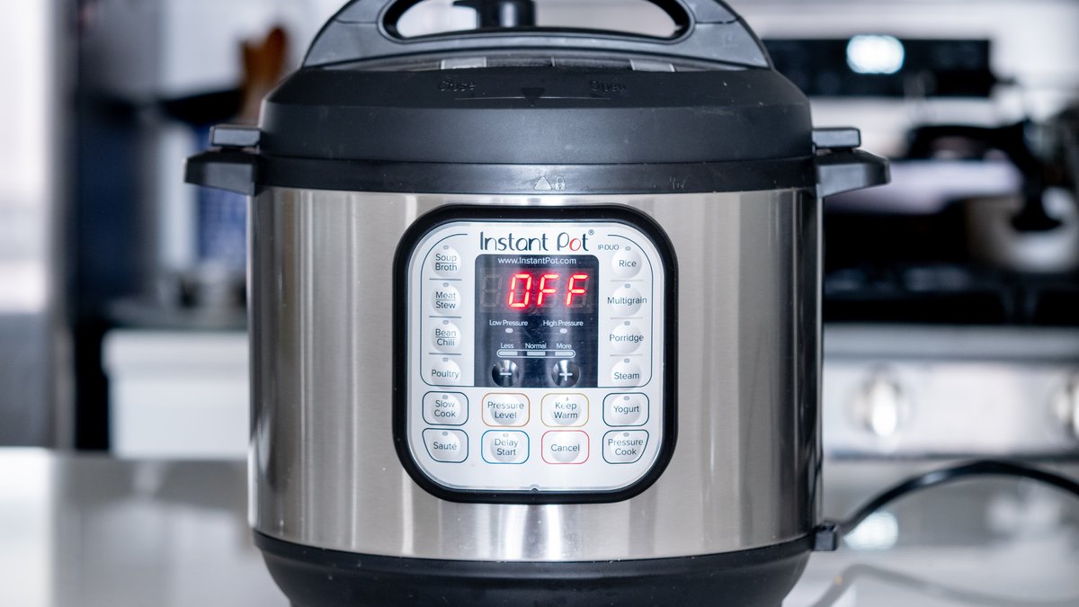 A real Instant Pot Duo pressure cooker on a kitchen counter with its control panel showing OFF