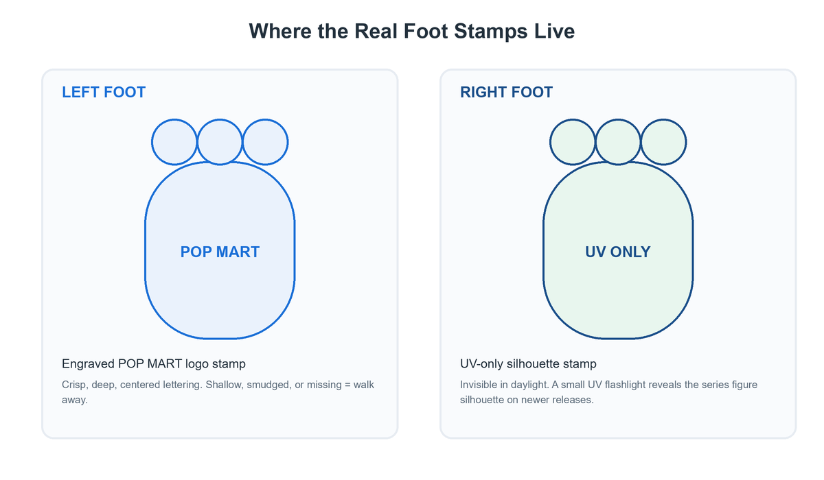 Diagram showing the engraved POP MART logo stamp on the left foot sole and the UV-only silhouette stamp on the right foot of a genuine Labubu