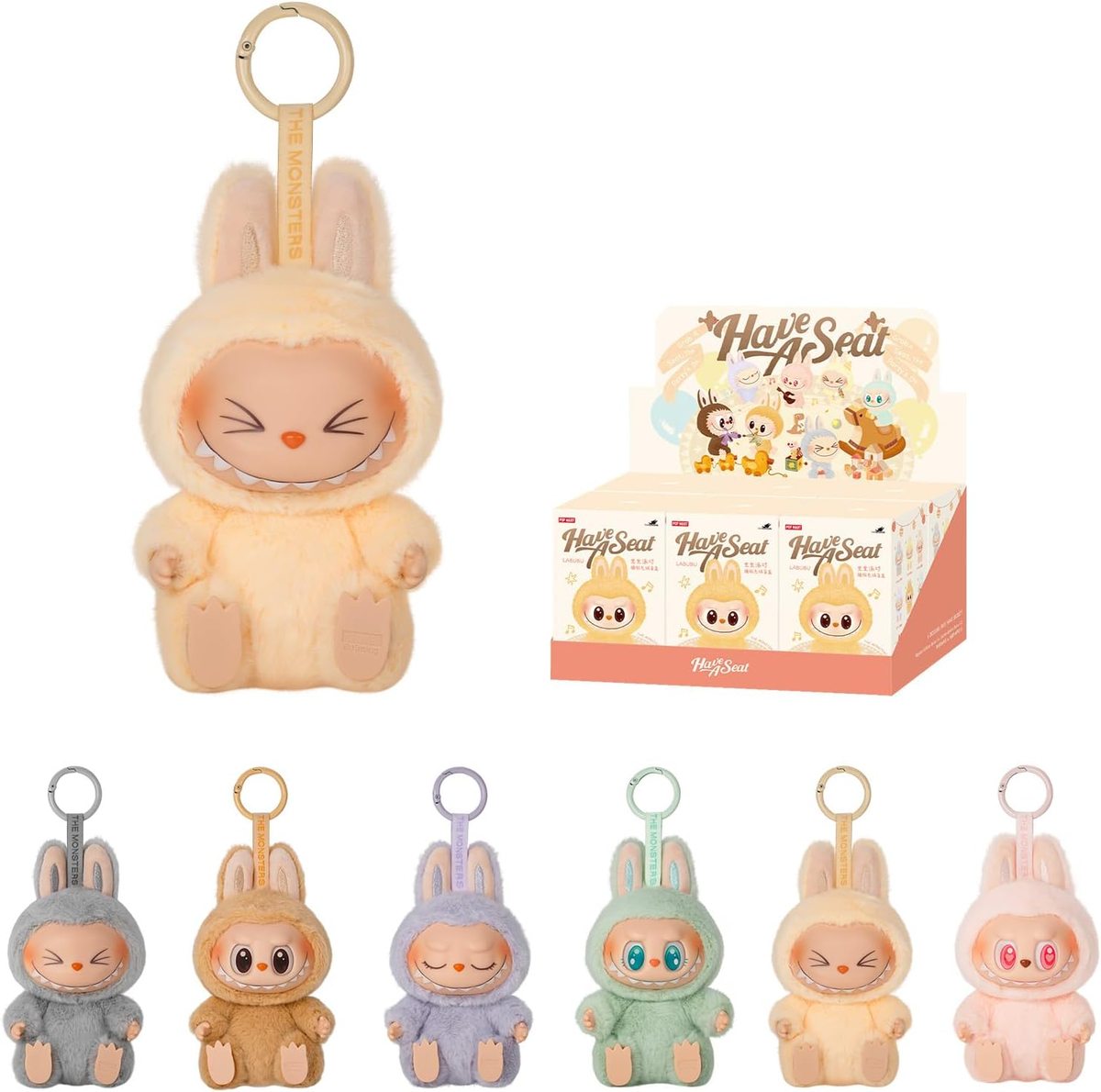 Official Have a Seat Labubu sitting plush figure with display box and the six figure lineup