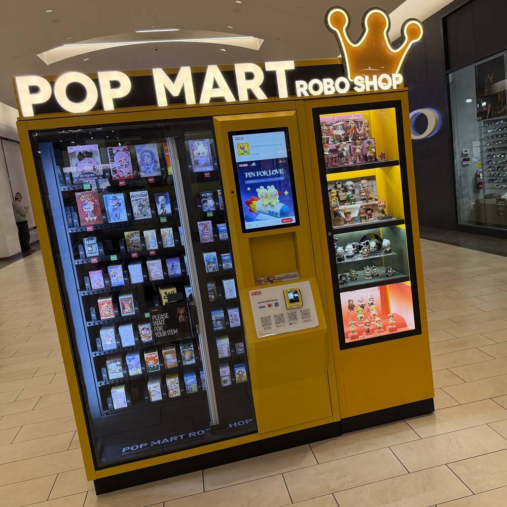 Pop Mart Robo Shop vending machine in a shopping mall selling blind box figures
