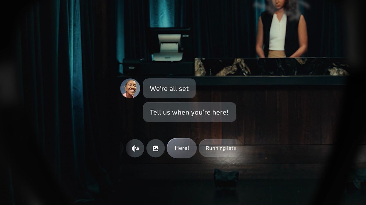 The Meta Ray-Ban Display in-lens screen showing a WhatsApp chat with quick replies