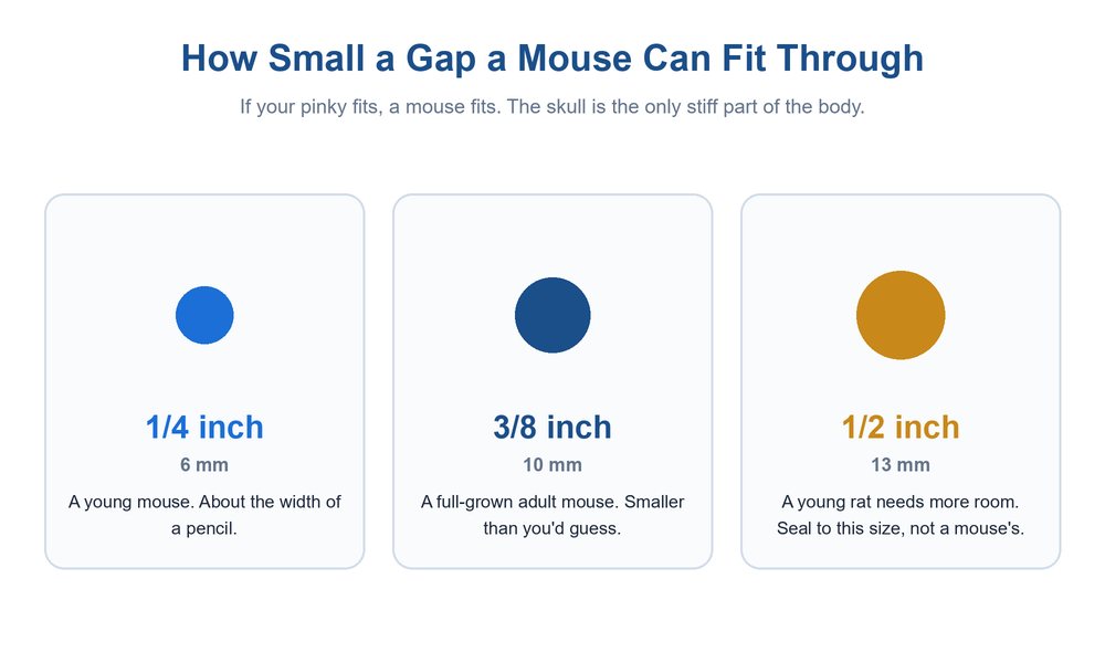 Diagram comparing gap sizes rodents fit through: a quarter inch for a young mouse, three eighths inch for an adult mouse, half inch for a young rat