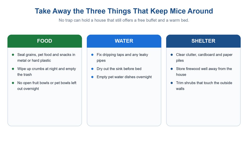 Diagram showing the three things to take away from mice: food in sealed containers, water from leaks, and shelter from clutter
