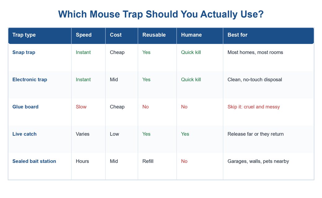 Comparison table of mouse trap types: snap, electronic, glue board, live catch, and sealed bait station, rated on speed, cost, reusability, humaneness, and best use