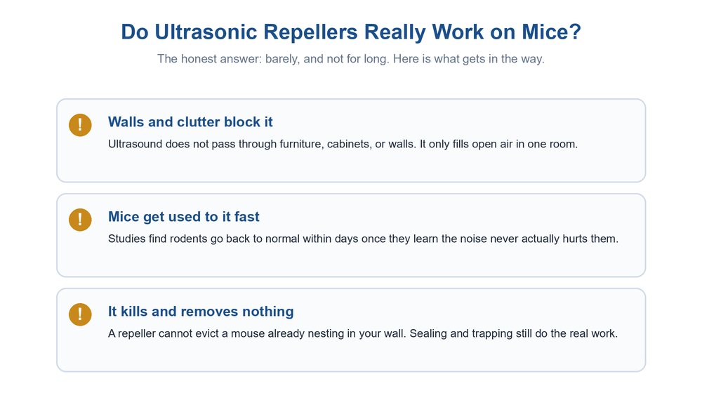 Diagram explaining why ultrasonic repellers barely work on mice: walls block the sound, mice get used to it, and it kills nothing