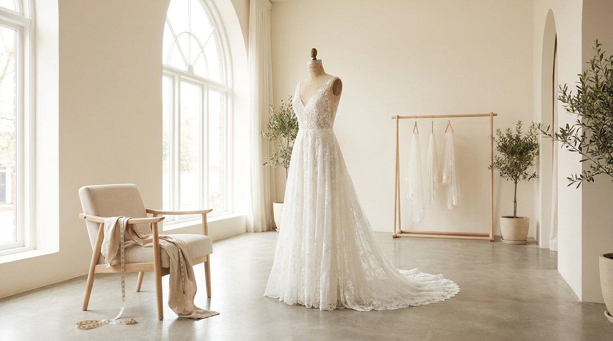 An elegant white wedding dress on a dress form in a bridal boutique with a measuring tape nearby