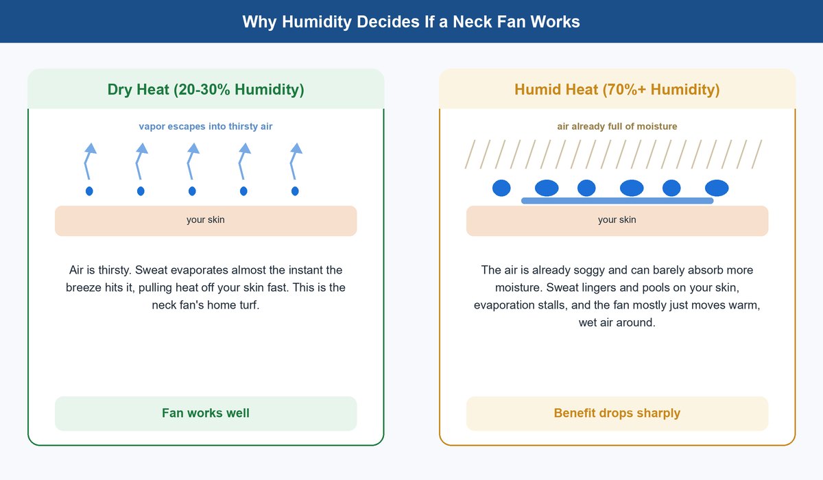 Comparison diagram: in dry heat sweat droplets evaporate with rising vapor arrows, while in humid heat droplets pool on the skin under saturated air