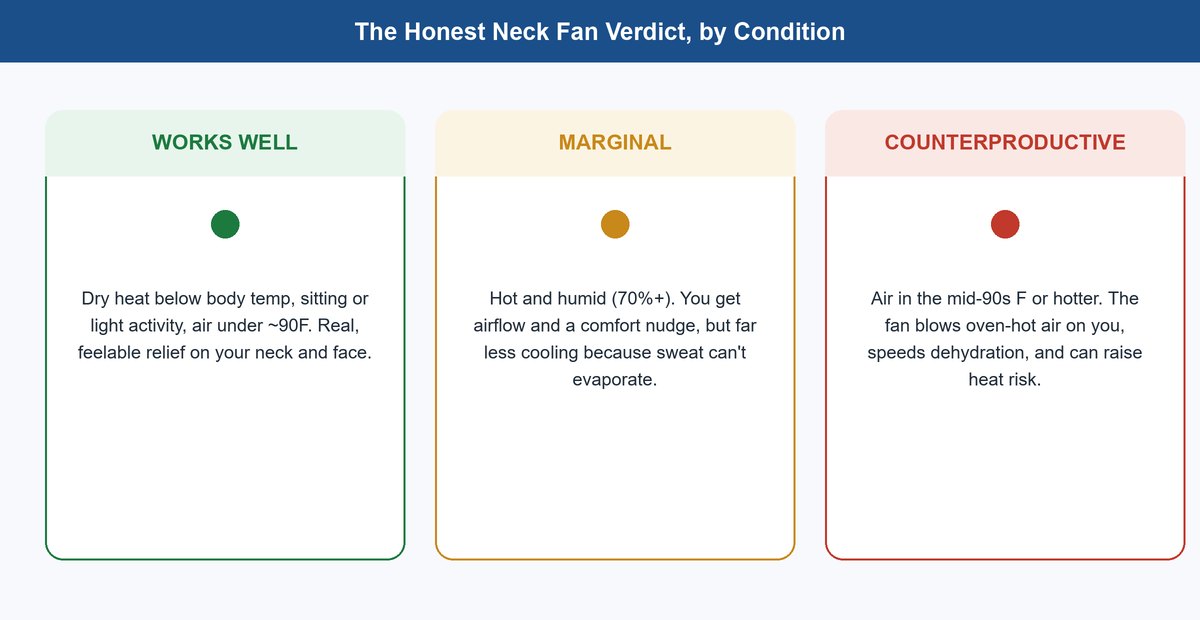 Chart showing a neck fan works well in dry heat, is marginal in humidity, and is counterproductive above the mid-90s Fahrenheit