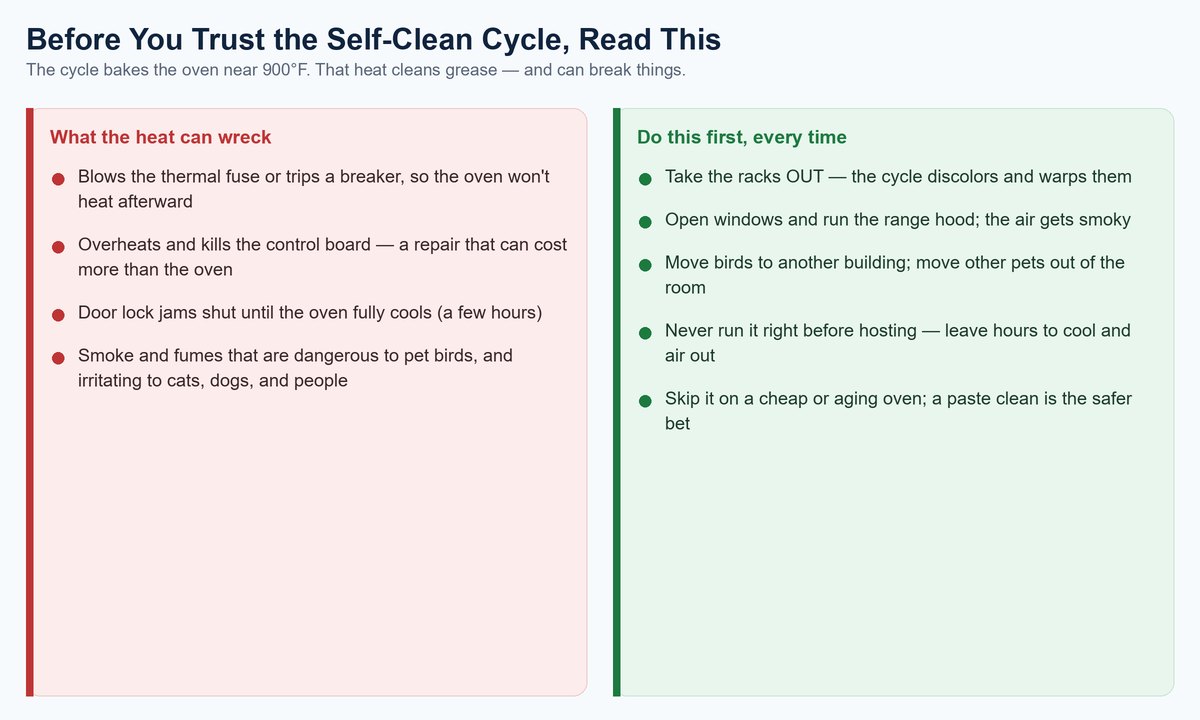 Two-column comparison of self-clean cycle dangers: what the 900-degree heat can wreck versus the safety steps to take first, including removing racks, ventilating, and moving pet birds out