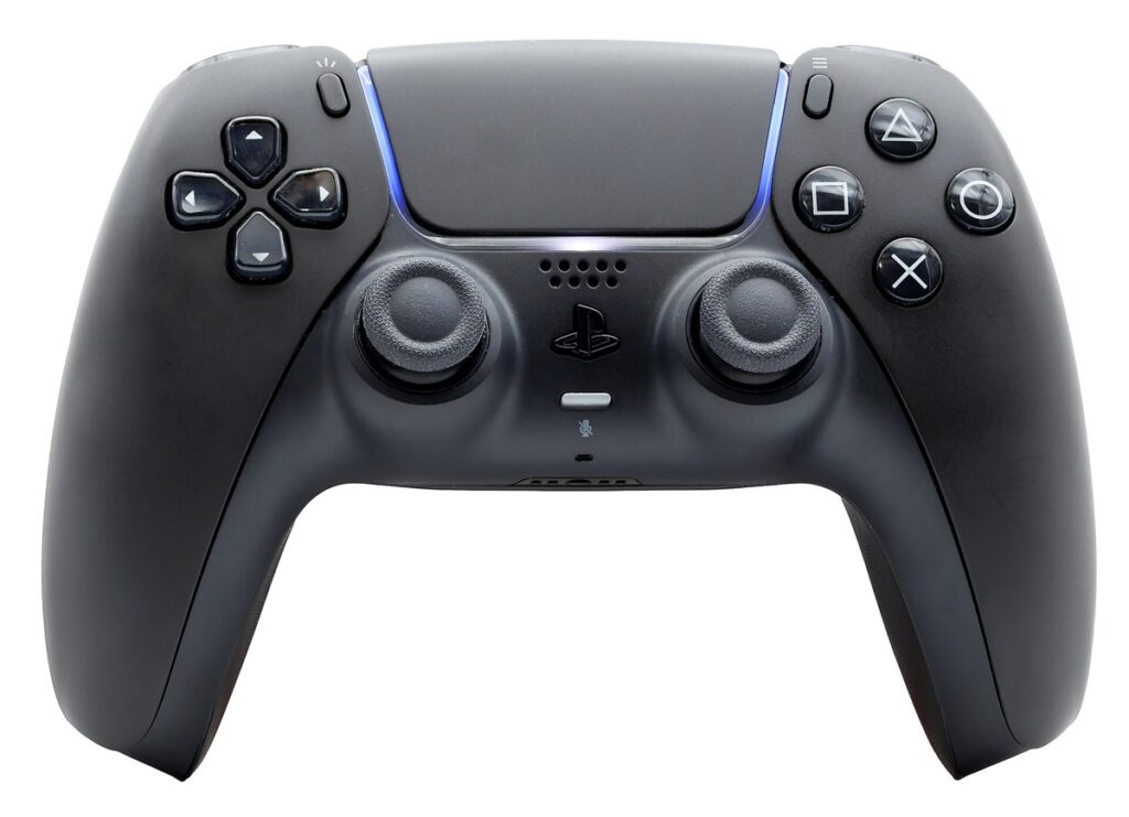 A black PlayStation 5 DualSense wireless controller viewed from the front, showing its face buttons and analog sticks