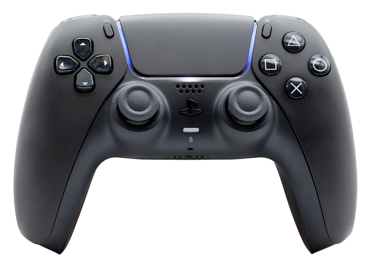 A black PlayStation 5 DualSense wireless controller viewed from the front, showing its face buttons and analog sticks
