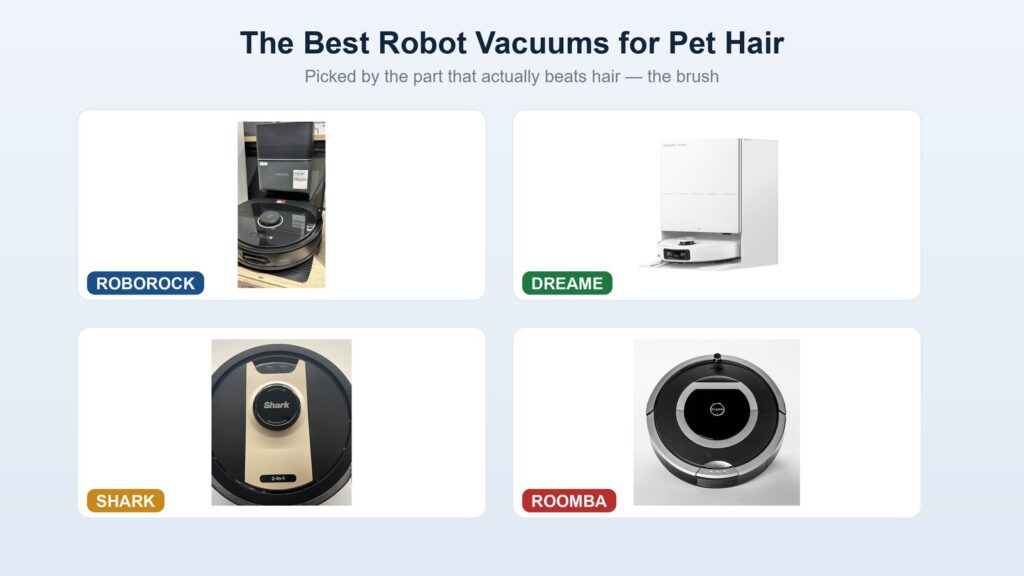 A four-panel collage of the best robot vacuums for pet hair: Roborock, Dreame, Shark and Roomba