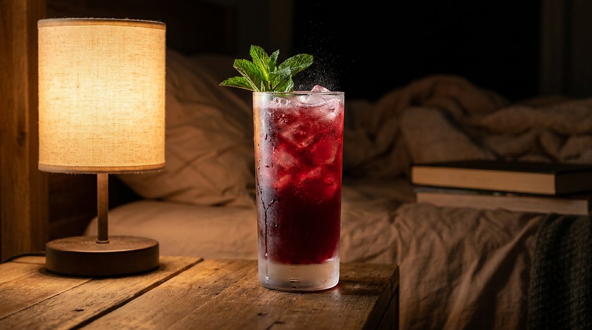 A deep red tart cherry sleepy girl mocktail over ice with mint on a bedroom nightstand