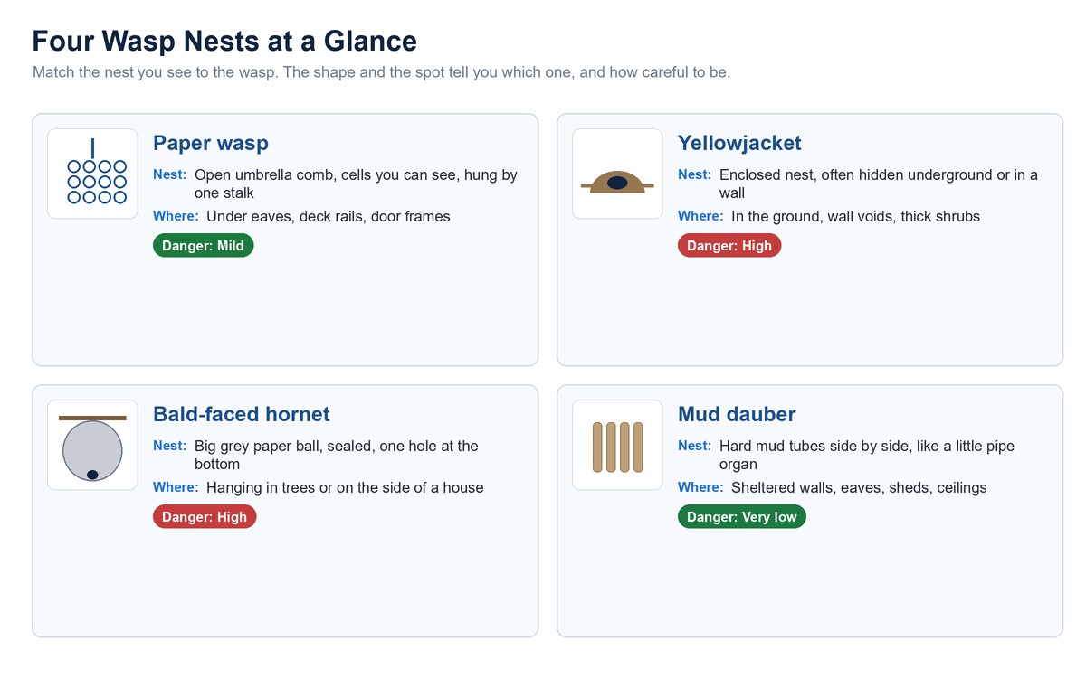 Comparison chart of four wasp nests: paper wasp open comb, yellowjacket ground nest, bald-faced hornet paper ball, and mud dauber mud tubes, with danger levels